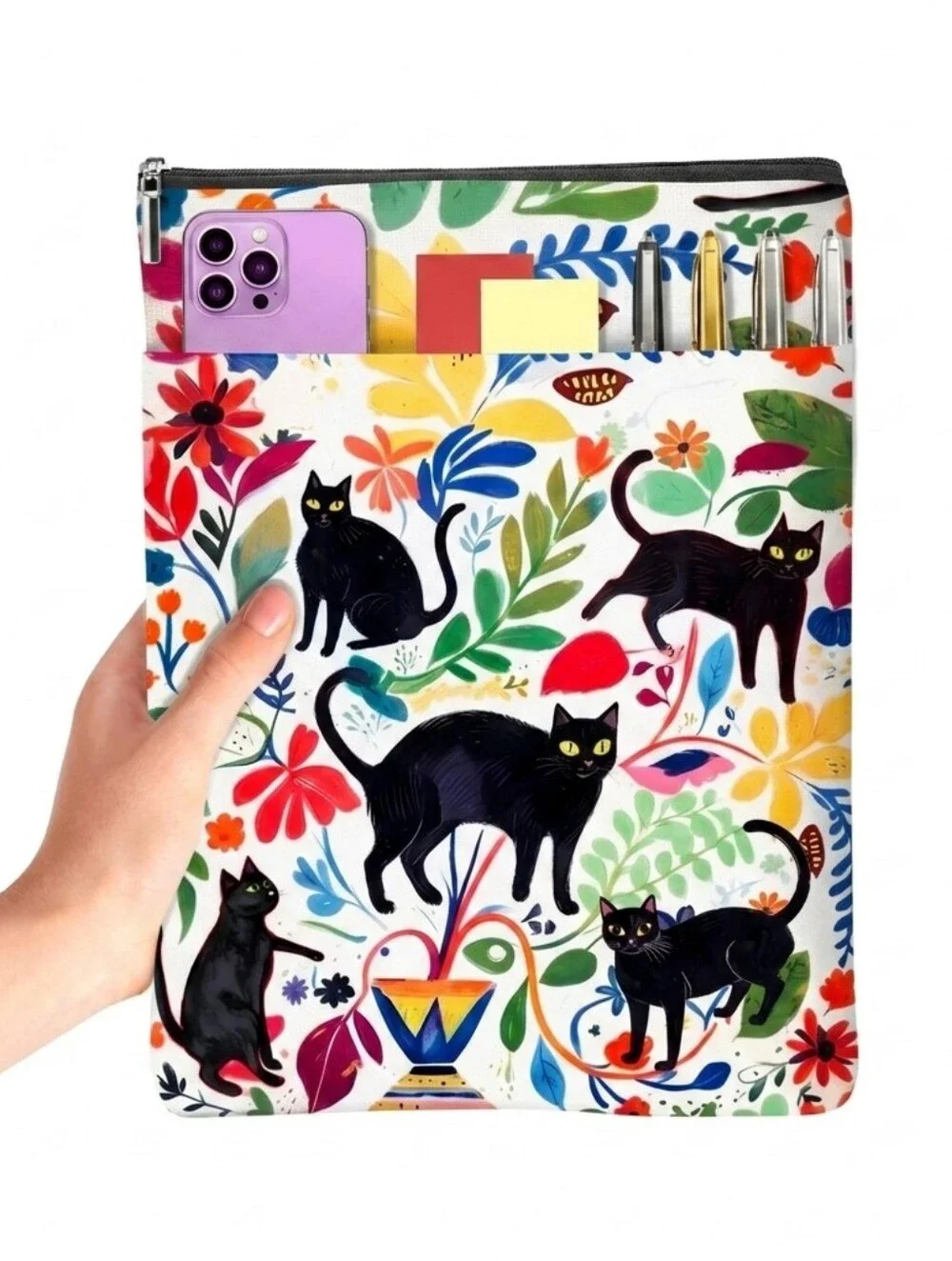 Black Cat Floral Canvas Zippered Pouch Tablet Case Book Sleeve Cover NWT Gift